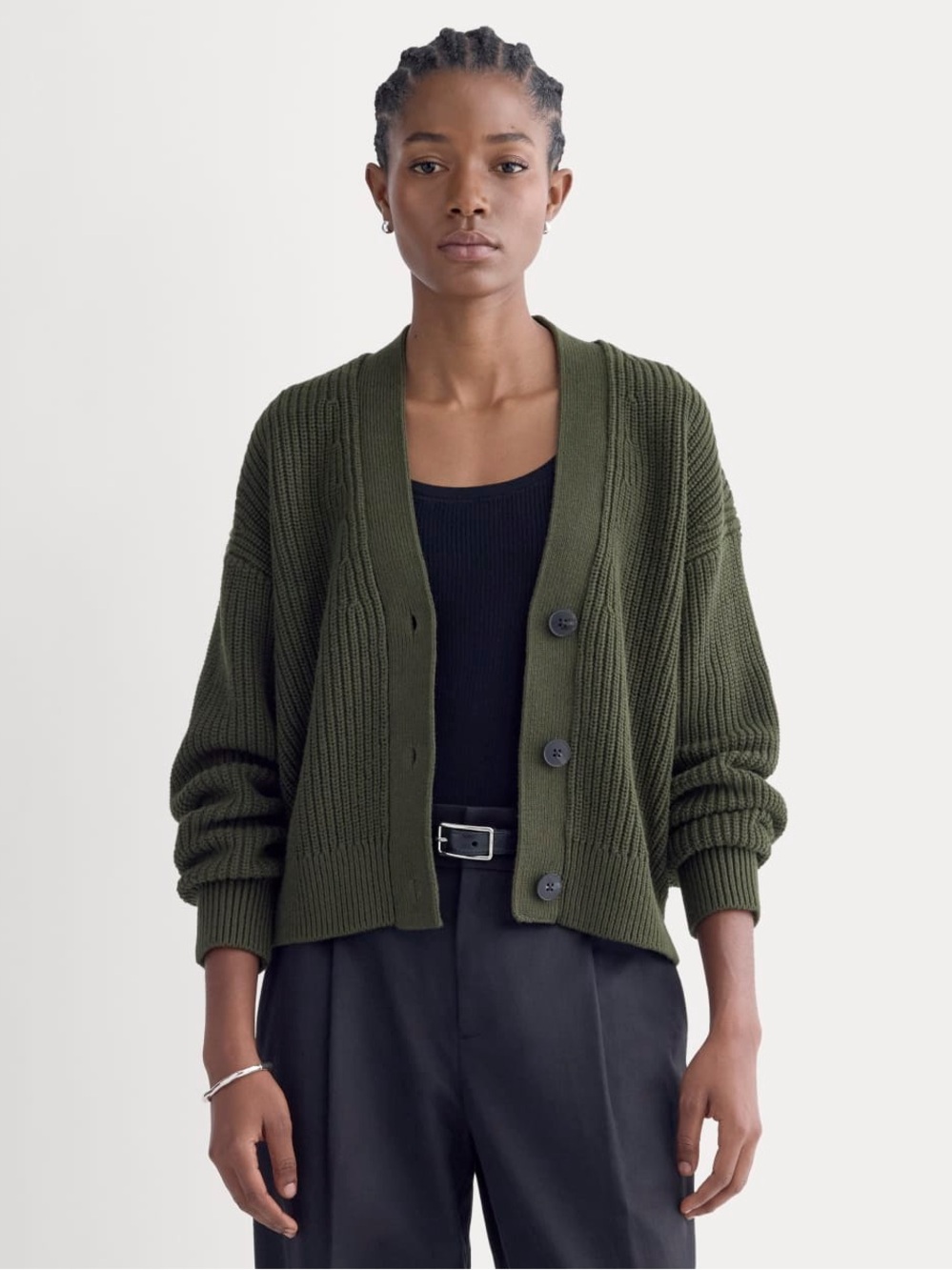 Everlane The Boxy Cardigan Everyday Cotton Dark Green Size M NWOT V Neck Chunky